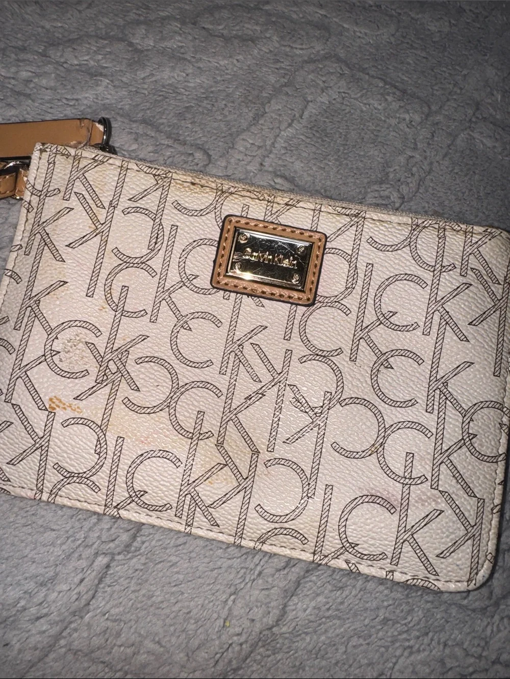 Calvin Klein Cream Beige Monogram Wristlet Clutch